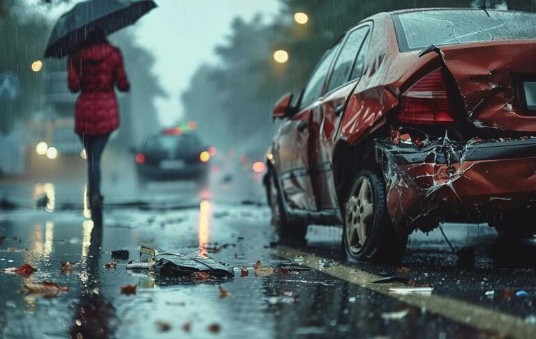 Two drivers exchanging information and photographing damage beside cars on a neighborhood street.