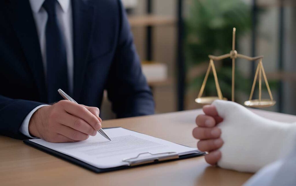 A person reviewing paperwork with a calendar and legal documents spread across a table.