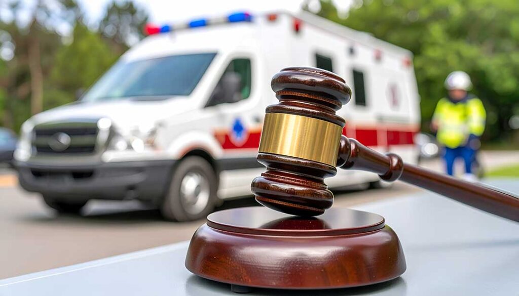 An injured person reviews medical records and insurance papers with an attorney at a desk.