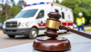 An injured person reviews medical records and insurance papers with an attorney at a desk.